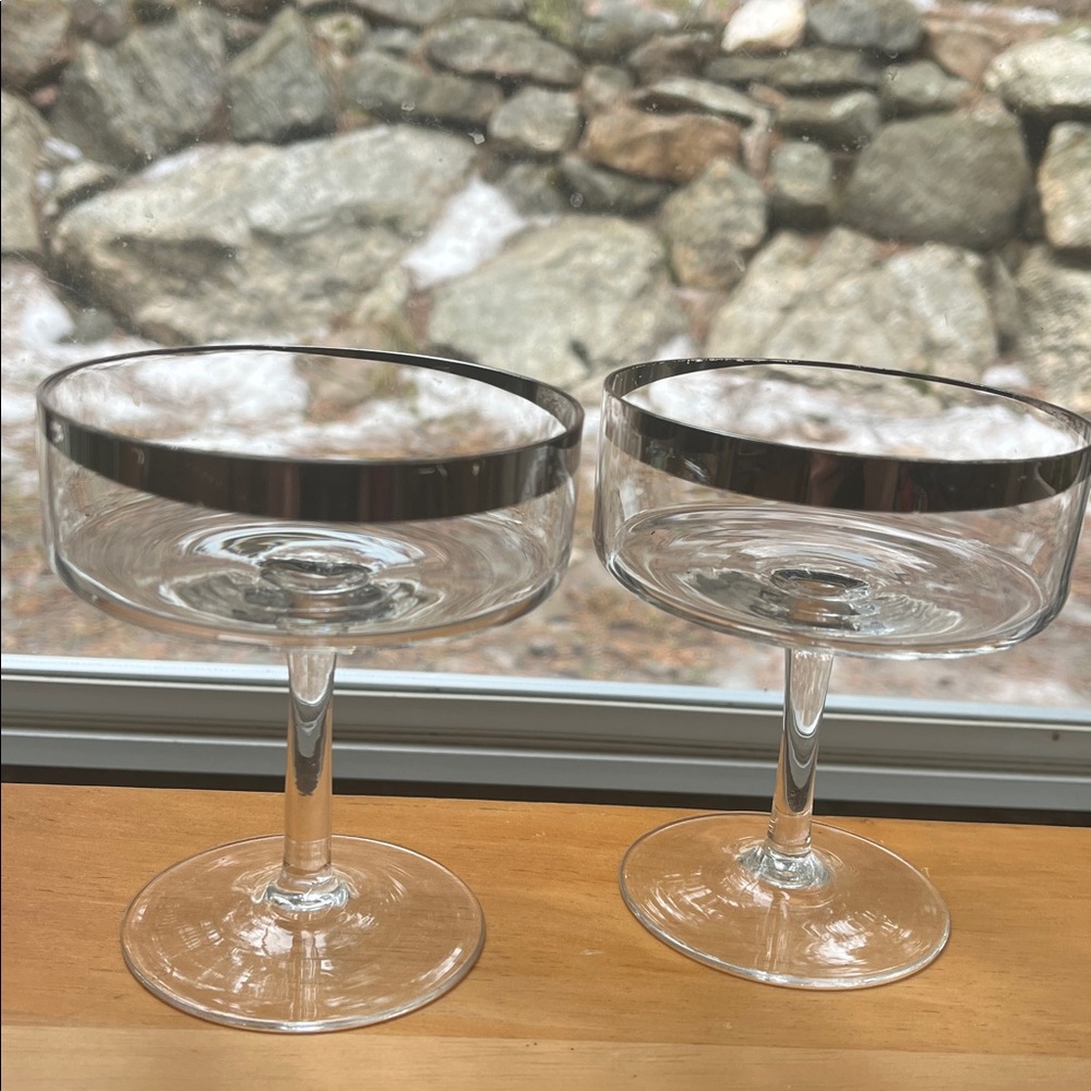 Vintage Silver Rim Coupe Glasses | Mid Century Champagne Dessert | Set of 2 - Picture 2 of 5